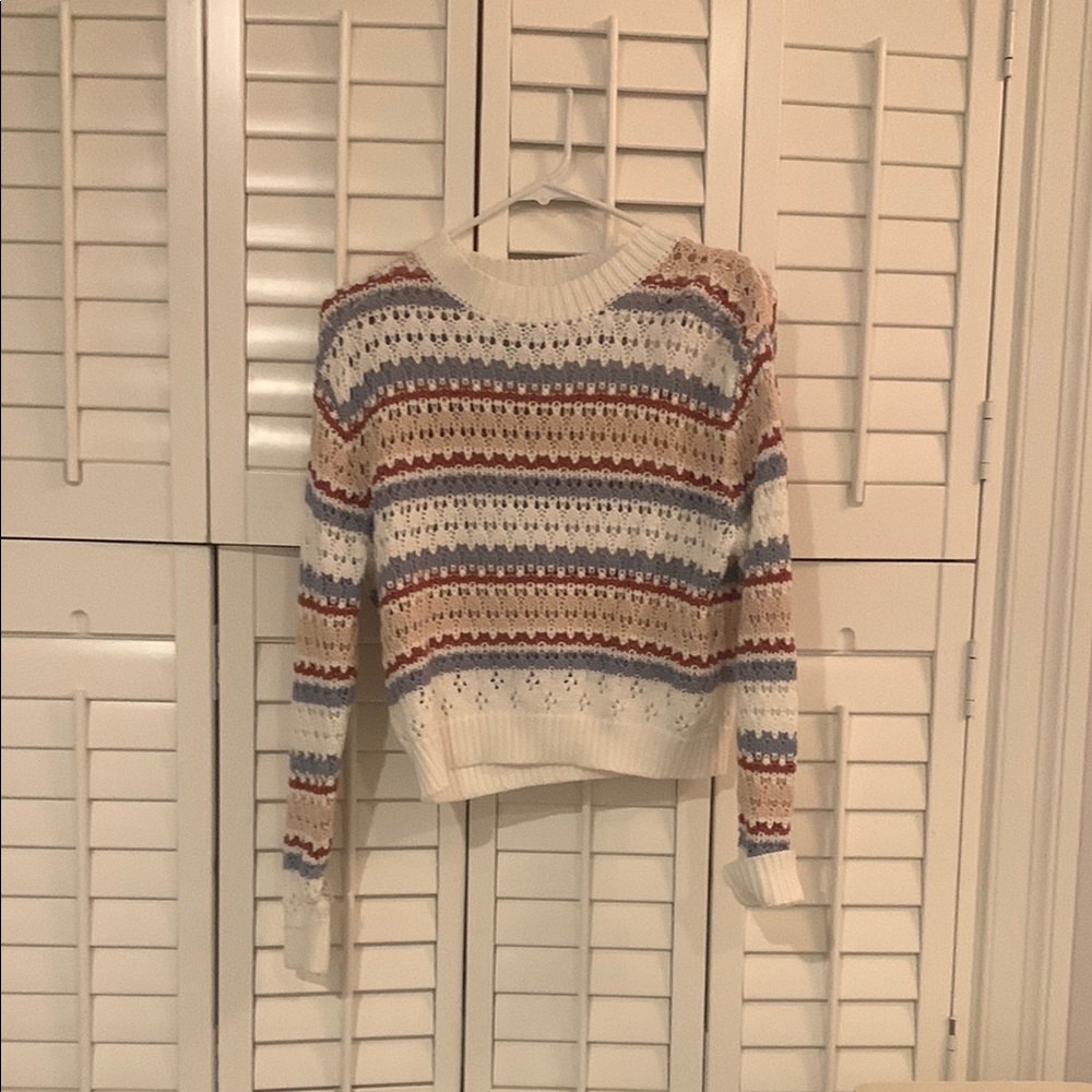 Altar'd State White and Blue Crew Neck Sweater